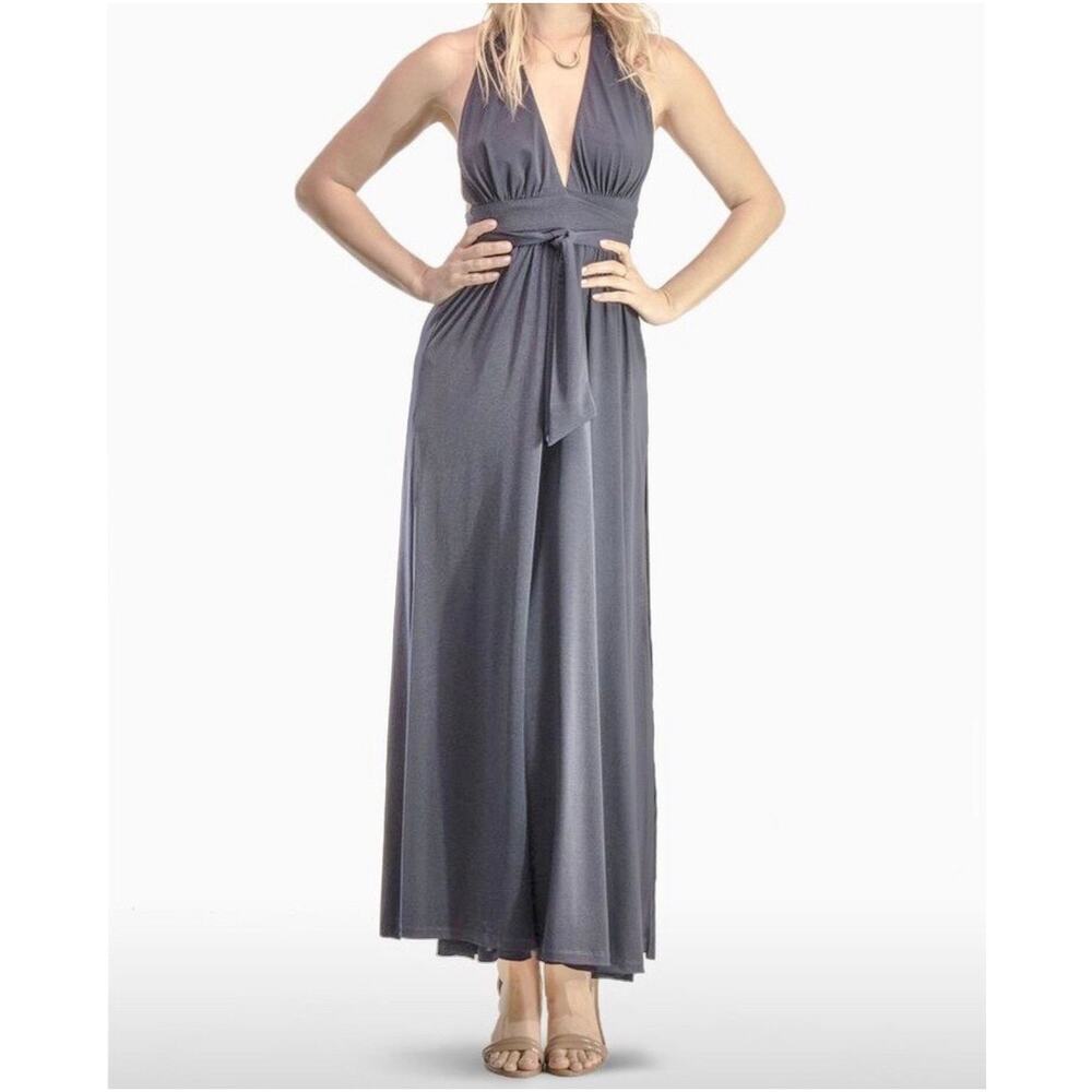 NWT Josa Tulum Cata Maxi Goddess Tie Low Halter Dress – Warm Grey (One Size)